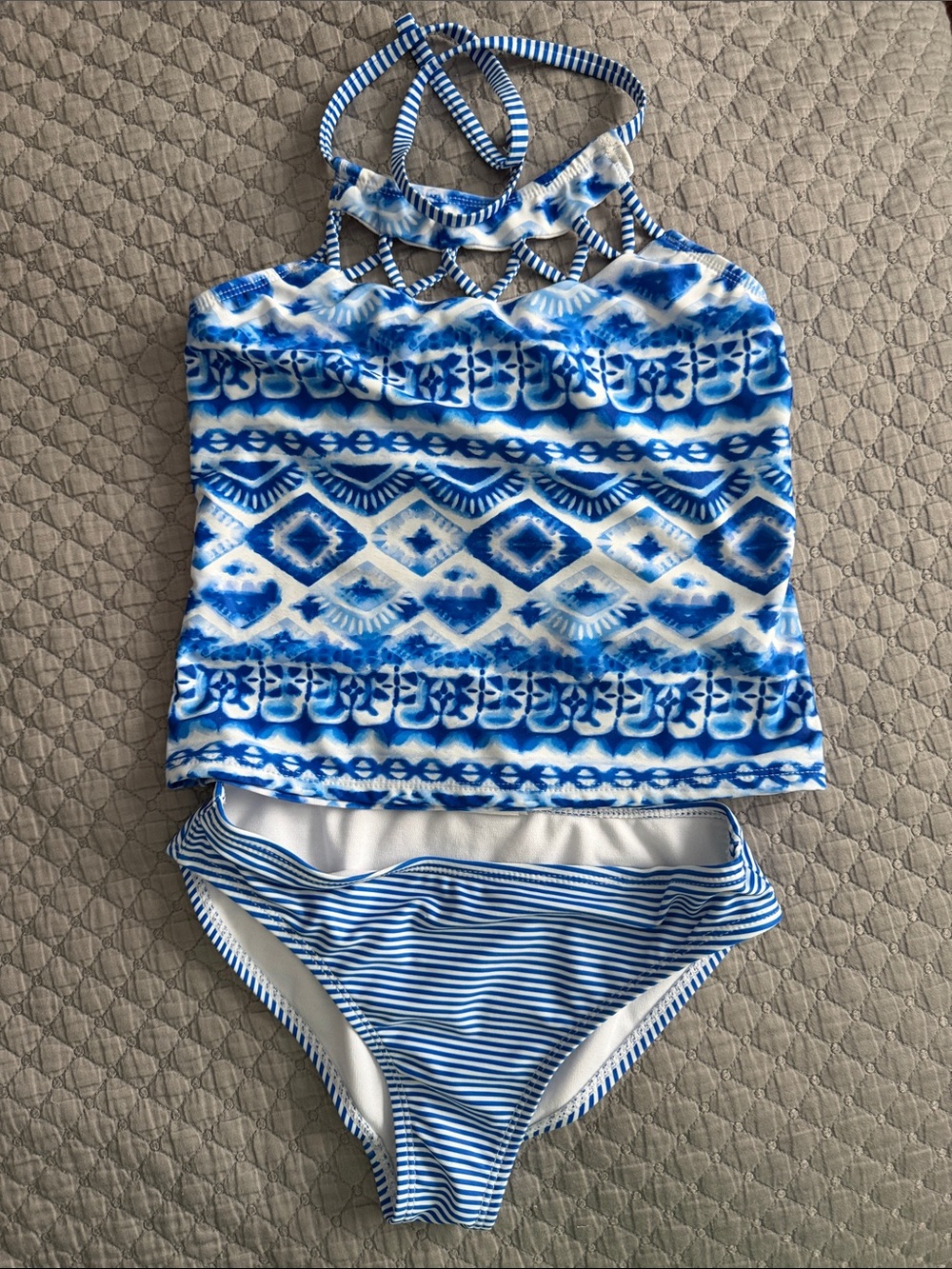 Girls Blue Patterned Tankini Swim Set - Kids Swim
